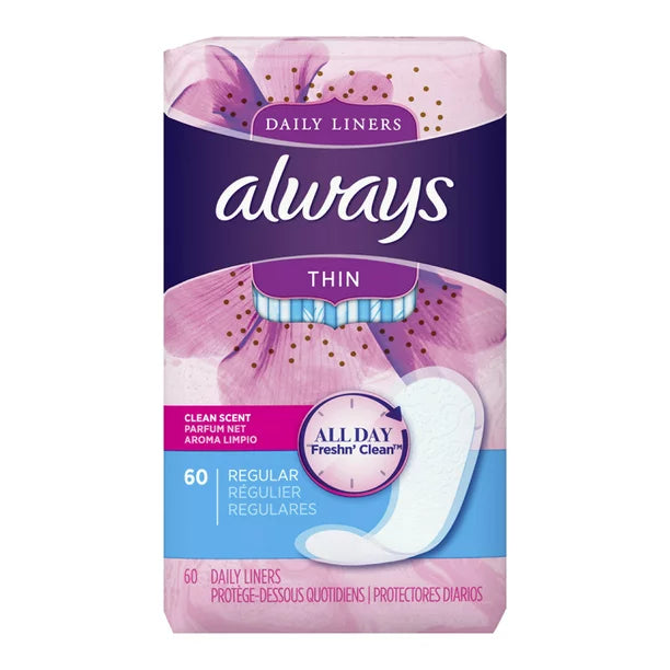P&G DISTRIBUTING ALWAYS DAILY LINERS & WIPES Always Thin Daily Liners, 60/pk, Clean Scent, Wrapped, Regular
