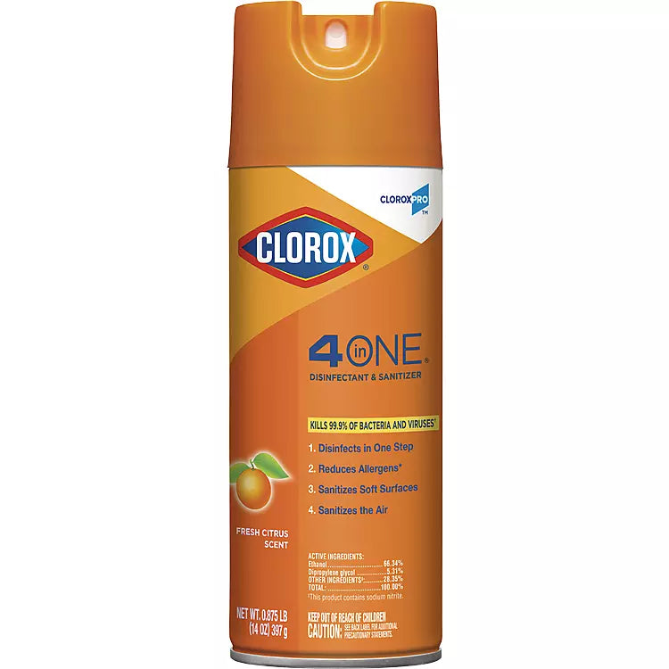 CloroxPro 4 in One Disinfectant & Sanitizer, Citrus Scent, 14 oz, 12/cs