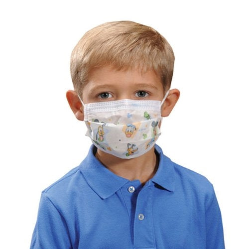 Image of a child model wearing a face mask that features Disney® characters, like Donald Duck, Pluto, Goofy, and more.