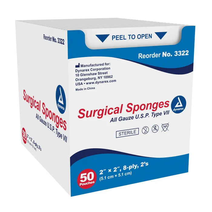 Dynarex Sterile Gauze Sponges, 2 per pack, 2" x 2", 8 Ply
