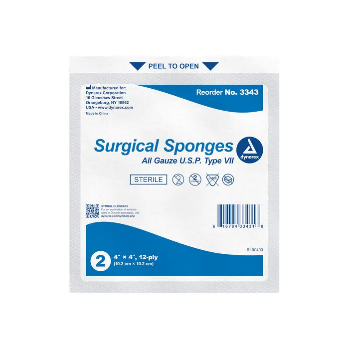 Dynarex Sterile Gauze Sponges, 2 per pack, 4" x 4", 12 Ply