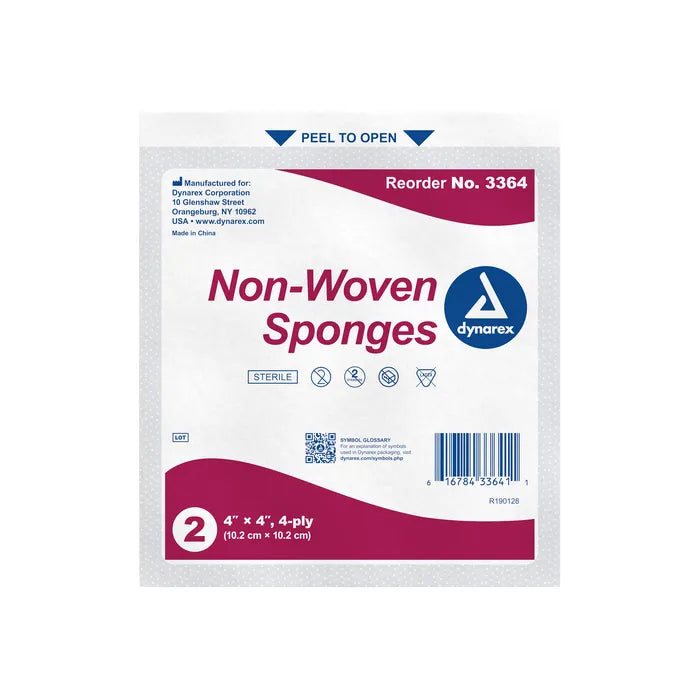 Dynarex Non-Woven Sponges, 2 per Sterile Pack, 4 ply, Various Sizes, Various Quantities
