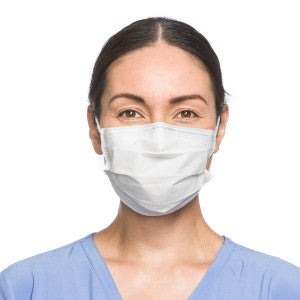 Image of model wearing a white Level 1 procedure mask with ear loops.