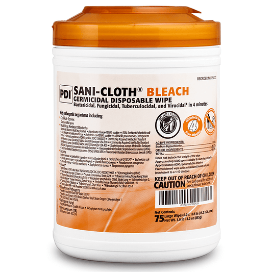 PDI SANI-CLOTH® BLEACH GERMICIDAL DISPOSABLE WIPE 6" x 10½" Large Wipe 75/canister Case of 12