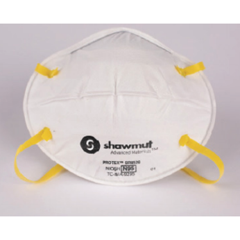 Image of a white N95 mask with yellow elastic head straps.