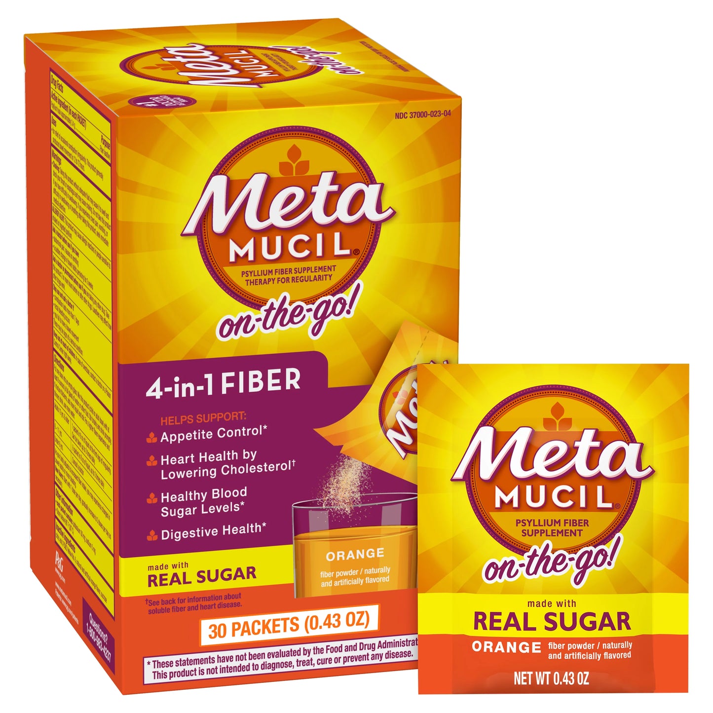 P&G  Metamucil On-the-Go, Psyllium Husk Fiber Supplement, 4-in-1 Fiber for Digestive Health, Sugar Free, Orange Flavor, 30 packets/bx, 12 bx/cs