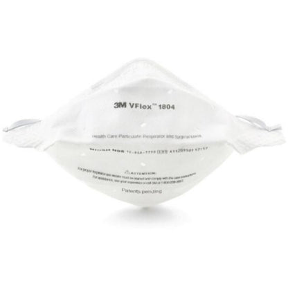 Image of a white N95 mask with dual headband attachment and compact pouch style.