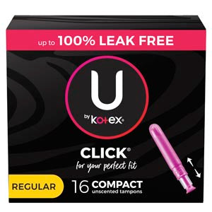 U by Kotex¨ Tampon, Super Premium, Regular Absorbency, Click Compact, 16/pk, 8 pk/cs