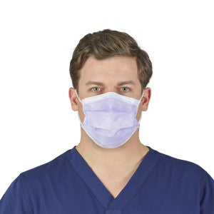 Image of a model wearing a lavender Level 1 procedure mask with ear loops.