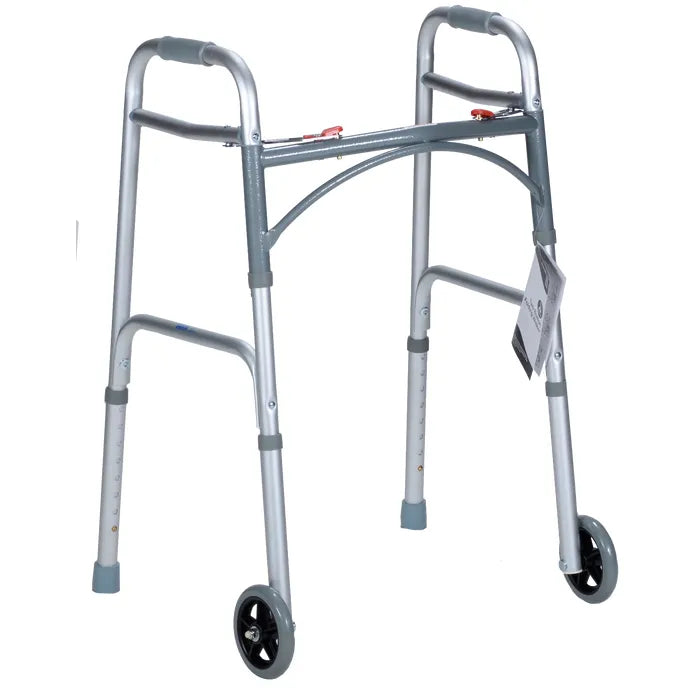 Dynarex Two Button Folding Walker with 5inch Wheels, 300-350 lb limit, Junior or Adult